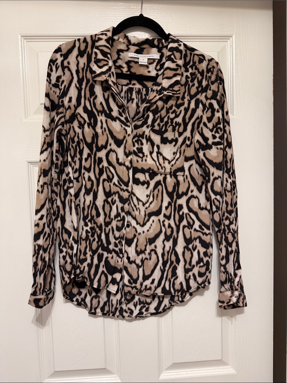 Diane Von Furstenberg Animal Print Button-Down Shirt in Cream, Black & Tan